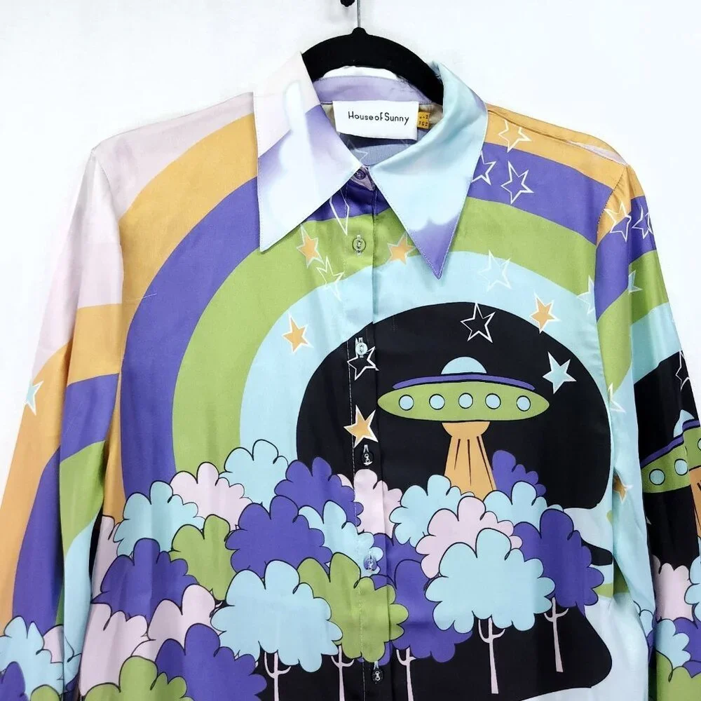 House Of Sunny Nice To Meet You Shirt Womens Size 2 Satin Graphic Button Front - Picture 3 of 15